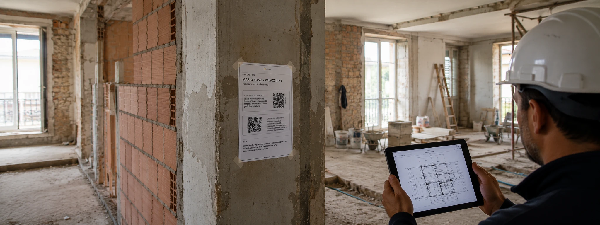 Direttore lavori consulta un elaborato tecnico su tablet accanto a un foglio QR4Site installato in cantiere